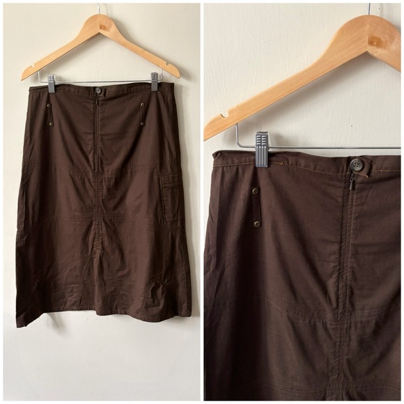 Y2K‎ 90s Vintage Brown Cotton Utility Tech Cargo A-Line Midi Length Skirt - Picture 2 of 12